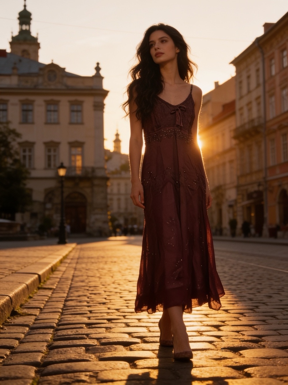 Sakkas Maroon Beaded Midi Slip Dress with Spaghetti Straps